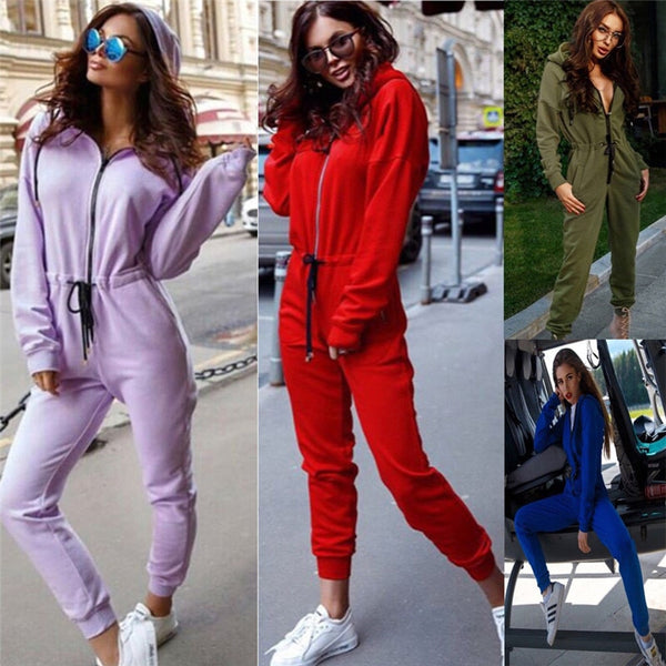Womens Zipped Up Jumpsuit Autumn Winter Long Sleeve Women Rompers Casual Solid Hoodie Jumpsuit