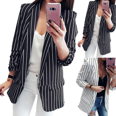 Formal Jacket Office Open Front Notched Blazer Coat Fashion Stripe Black White