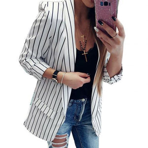 Formal Jacket Office Open Front Notched Blazer Coat Fashion Stripe Black White