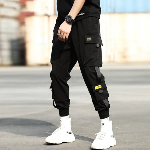 New hip-hop jogger men's black harem overalls multi-pocket ribbon