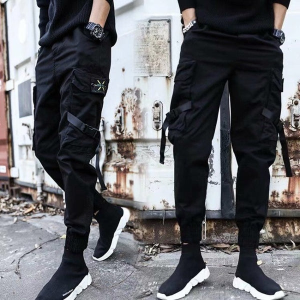New hip-hop jogger men's black harem overalls multi-pocket ribbon