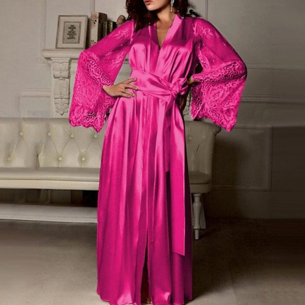 Women Lace Patchwork Long Bathrobe Nightgown Sleepwear