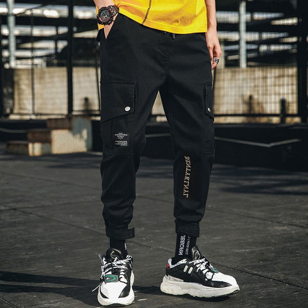 New hip-hop jogger men's black harem overalls multi-pocket ribbon