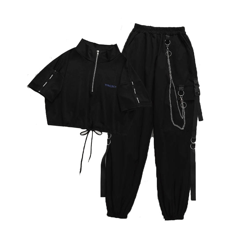 Women's Cargo Pants Buckle Ribbon Pocket Jogger Elastic Waist High Streetwear Harajuku Pant Chain Females Two Piece Pants