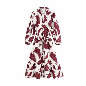 Women vintage tropical leaves print shirt dress