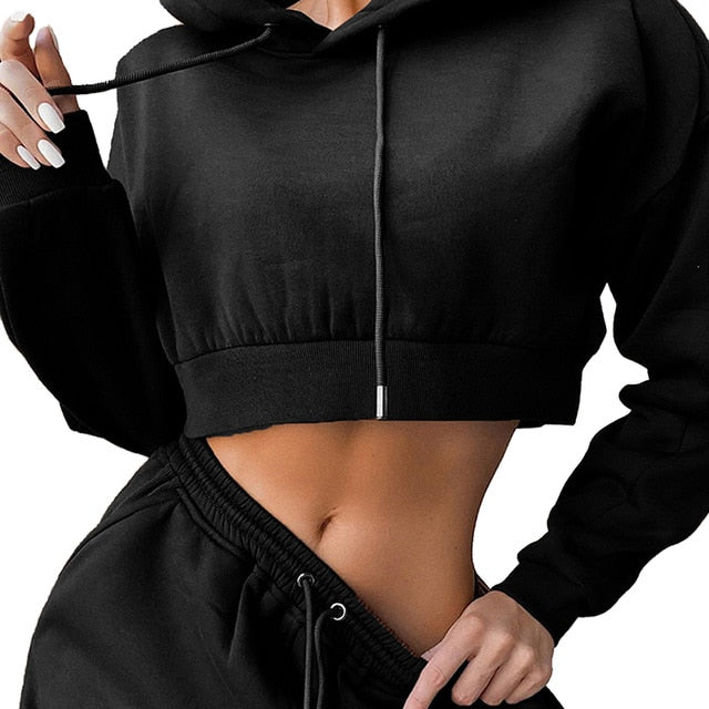 Casual Women Two Piece Solid Color Hoodie Set