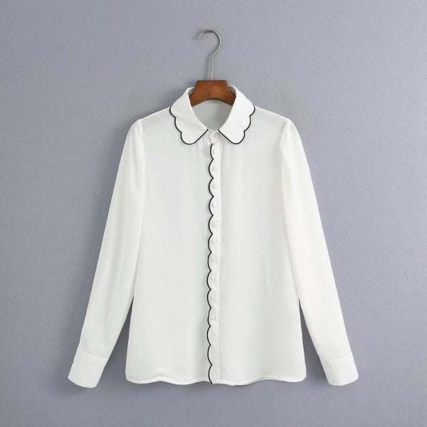 New women elegant wave edge solid casual smock blouse