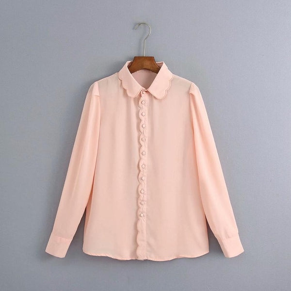 New women elegant wave edge solid casual smock blouse