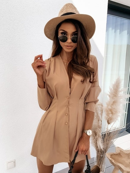 Elegant Sexy V-neck Solid Casual Button Long Sleeve Short Mini Dress