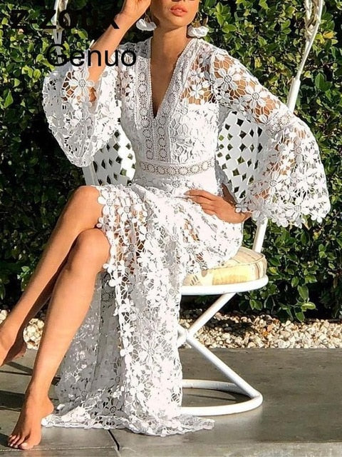 Women Flare Sleeve V-neck Hollow Out Long Sleeve White Lace Dress
