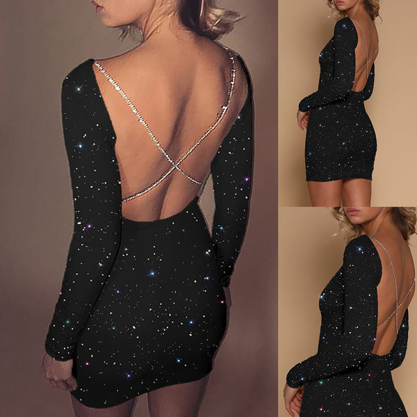 Solid Color Women Sexy Backless Long Sleeve Cocktail Party