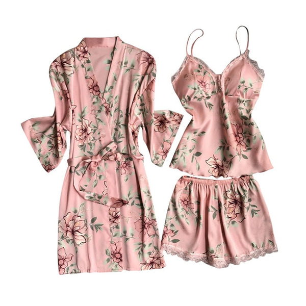 Women Floral Pajamas Sets Sexy Lace Tops + Shorts +Robe Sleepwear Sets Casual Ladies Flower Homewear Summer Spring Thin Set
