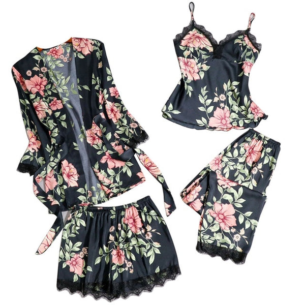 Women Floral Pajamas Sets Sexy Lace Tops + Shorts +Robe Sleepwear Sets Casual Ladies Flower Homewear Summer Spring Thin Set