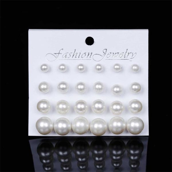 12 Pairs Flower Women Pearl Crystal Stud Earring