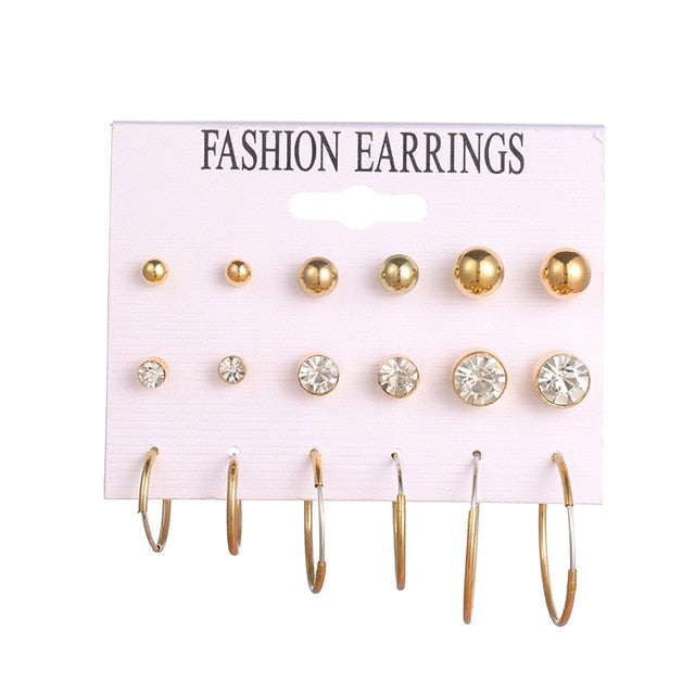 12 Pairs Flower Women Pearl Crystal Stud Earring