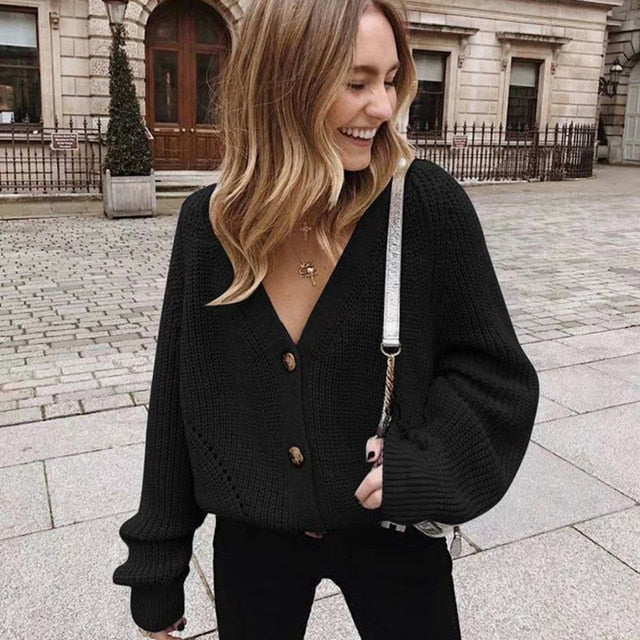 Zoki Casual Women Knitted Cardigans Sweater Fashion Autumn Oversize Long Sleeve Jumper Loose Button Thick V Neck Female Top 2020