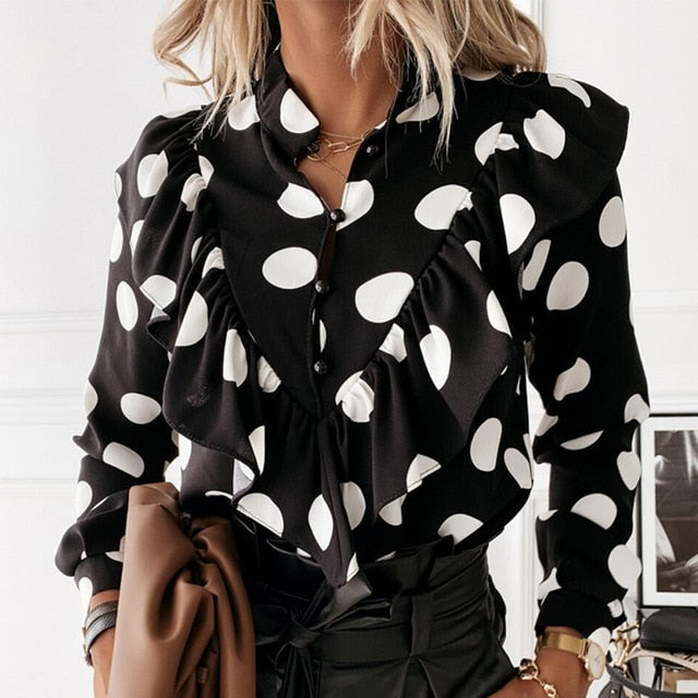 Casual Leopard Dot Print Ruffle Blouse Shirt