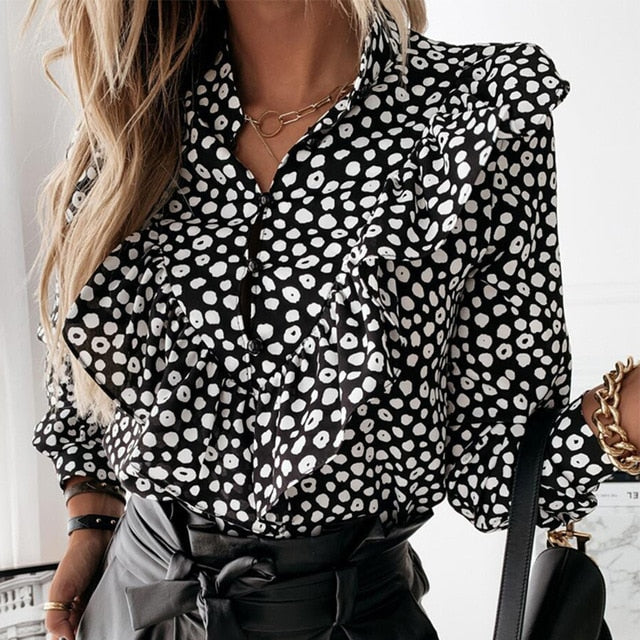 Casual Leopard Dot Print Ruffle Blouse Shirt