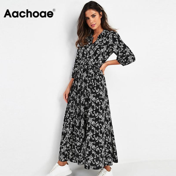 Vintage Floral Print Maxi Dress Women