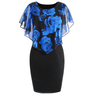 Elegant Office Rose Flower Print Cape Bodycon Knee Length Dress