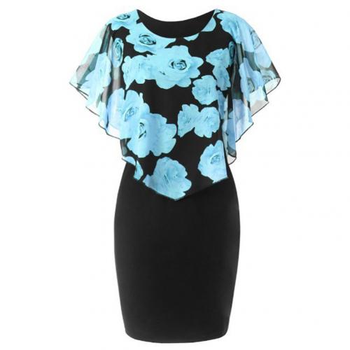 Elegant Office Rose Flower Print Cape Bodycon Knee Length Dress