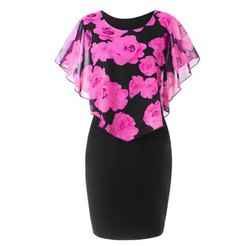 Elegant Office Rose Flower Print Cape Bodycon Knee Length Dress
