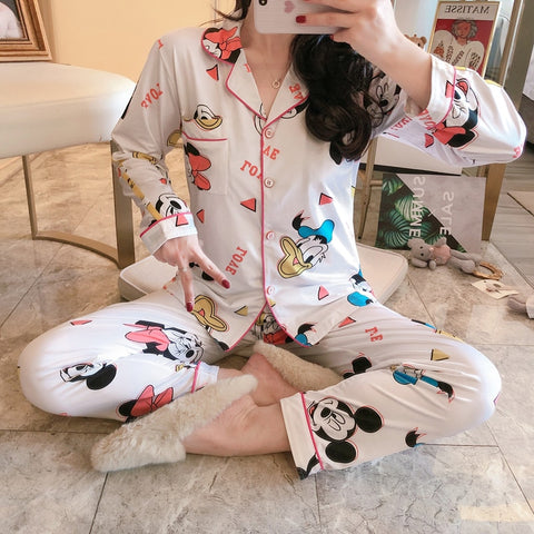 Cartoon Print  Smooth Silk Lapel Pajama Sets For Women