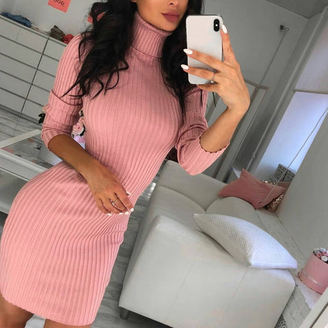 Women Knitted Turtleneck Sweater Dress