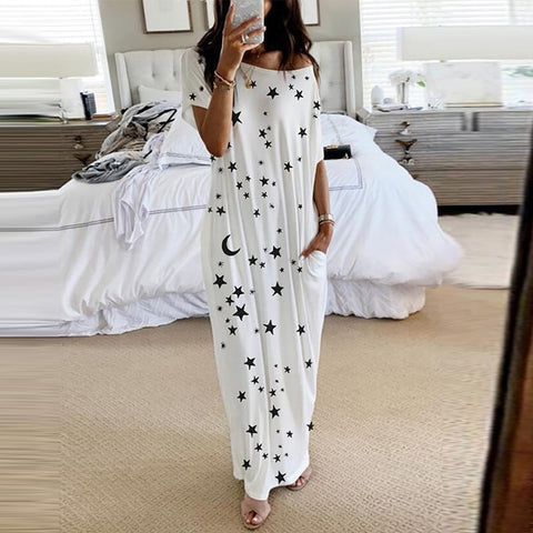 Off Shoulder Star Printed Women O Neck Short Sleeve Loose Pocket Nightgowns