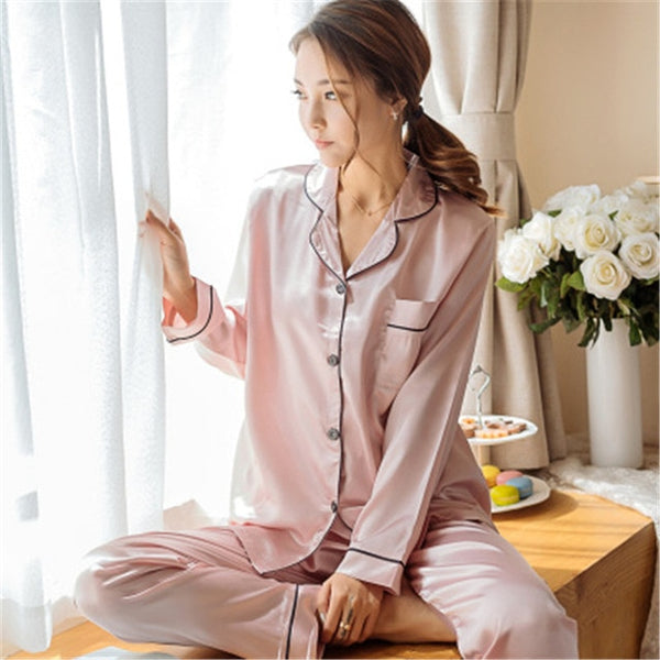 2 Pieces Faux Silk Satin Pajama Set