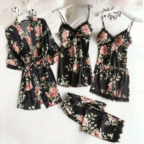 Women Satin Print Floral Casual Sleepwear