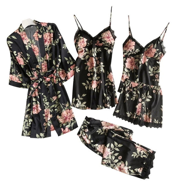 Women Satin Print Floral Casual Sleepwear