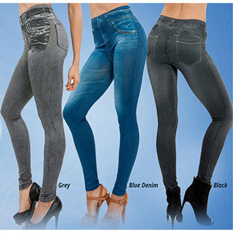 Fashion Faux Denim Jeans Leggings Sexy Long Pocket Printing Leggings