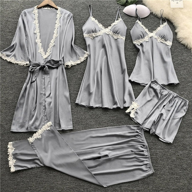 Women Pajamas Sets Satin Sleepwear Silk 4 Pieces Nightwear Pyjama Sleep Lounge Pijama with Chest Pads Spaghetti Strap Lace