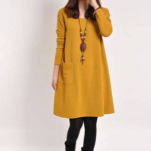 Women Fashion New Casual Solid Loose Long Sleeve Pocket Dress