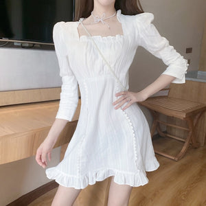 Women Solid Wrist Button Square Collar Empire Dress