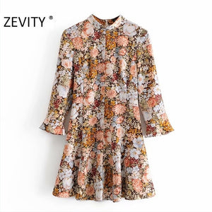 Zevity Autumn Women Vintage Stand Collar Flower Print A Line Mini Dress Office Ladies Ruffles Sleeve Casual Chic Vestido DS4542