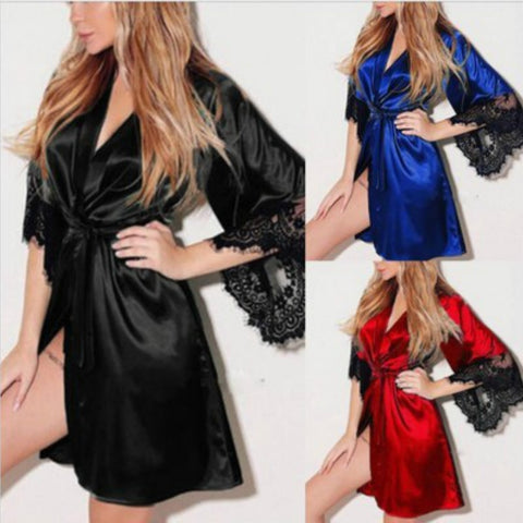 Sexy Women Kimono Robe Satin Lace Sleepwear