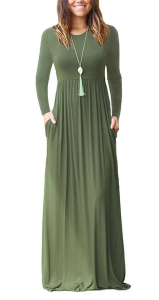 Casual Long Women O-Neck Elastic High Waist Maxi Dress