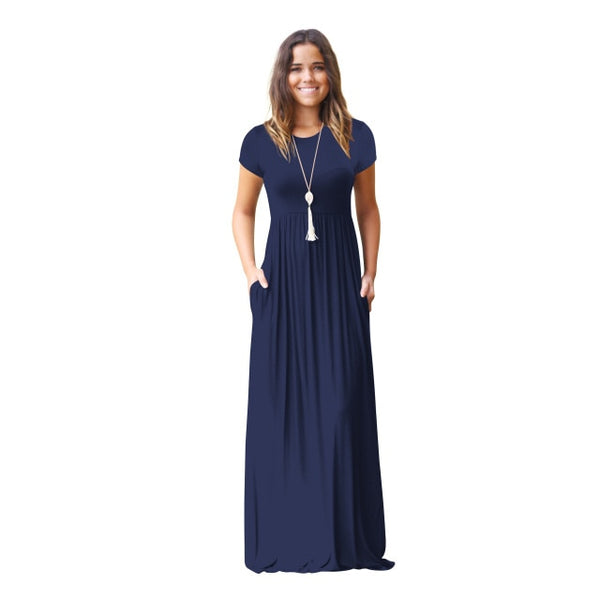 Casual Long Women O-Neck Elastic High Waist Maxi Dress