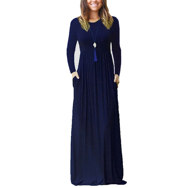 Casual Long Women O-Neck Elastic High Waist Maxi Dress