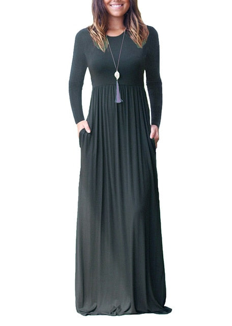 Casual Long Women O-Neck Elastic High Waist Maxi Dress