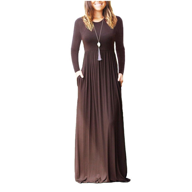 Casual Long Women O-Neck Elastic High Waist Maxi Dress