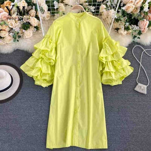 YuooMuoo Ins Fashion Ruffled Long Puff Sleeve Women Dress Autumn Elegant Single-breasted Shirt Dress Casual Women Green Dress