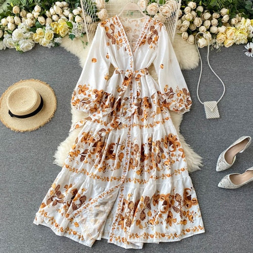 LY VAREY LIN 2020 New Autumn Vintage Print Dress Women Elegant V Neck Single Breasted Sashes Tie Up A Line High Waist Slim Dress