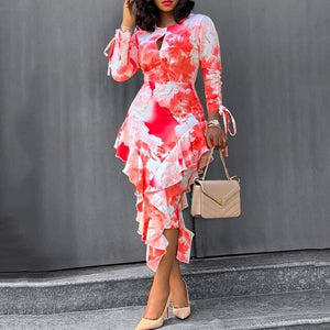 Pink Floral Print Ruffle Women Dress