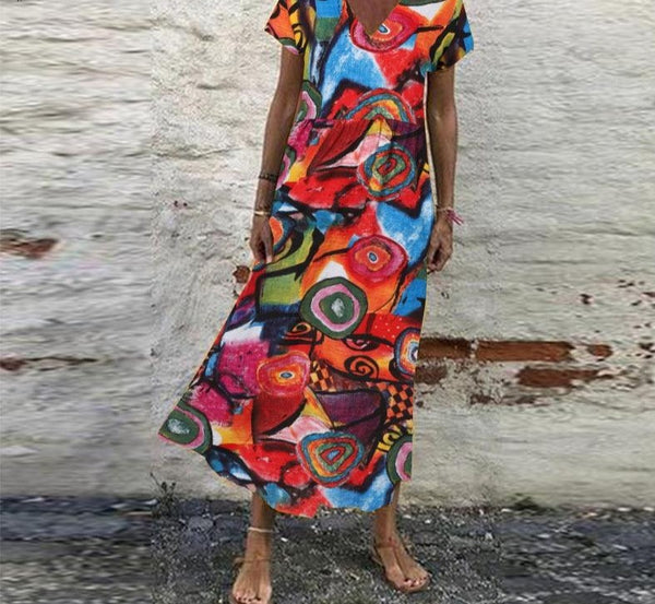 Vintage Printed Maxi Dress Women Casual Short Sleeve Floral Robe