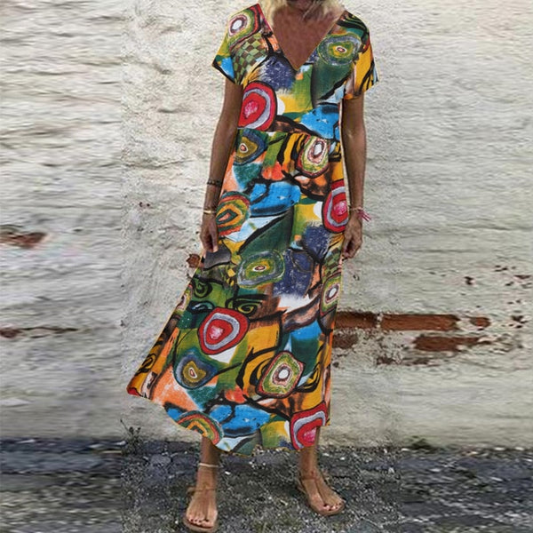 Vintage Printed Maxi Dress Women Casual Short Sleeve Floral Robe