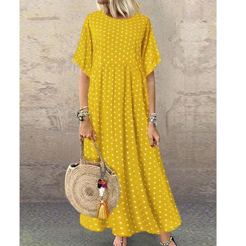 Women o-neck loose long short sleeve dot print Bohemian party dress