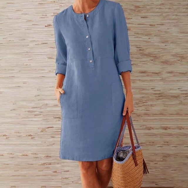 Women Casual Solid Long Sleeve Cotton and Linen Tunic Dress
